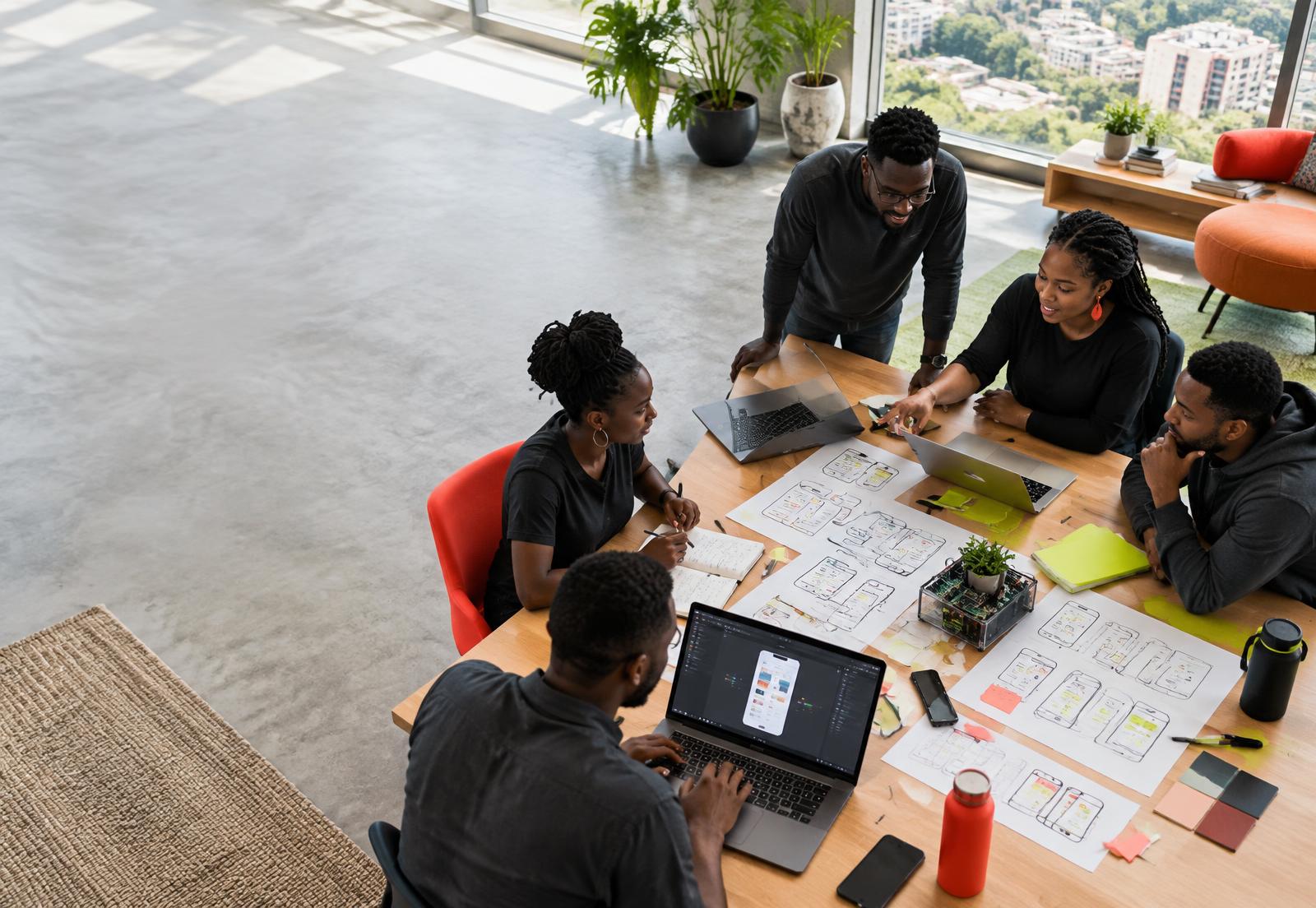 Nairika Labs team collaborating in a bright technology studio